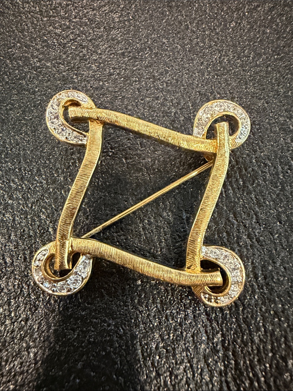 Trifari Gold-Tone Knotted Square Brooch with Clear Rhinestones